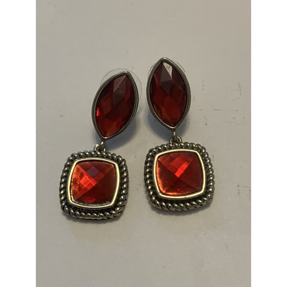 Red Rhinestone Earrings drop dangle silver tone special occasion prom wedding